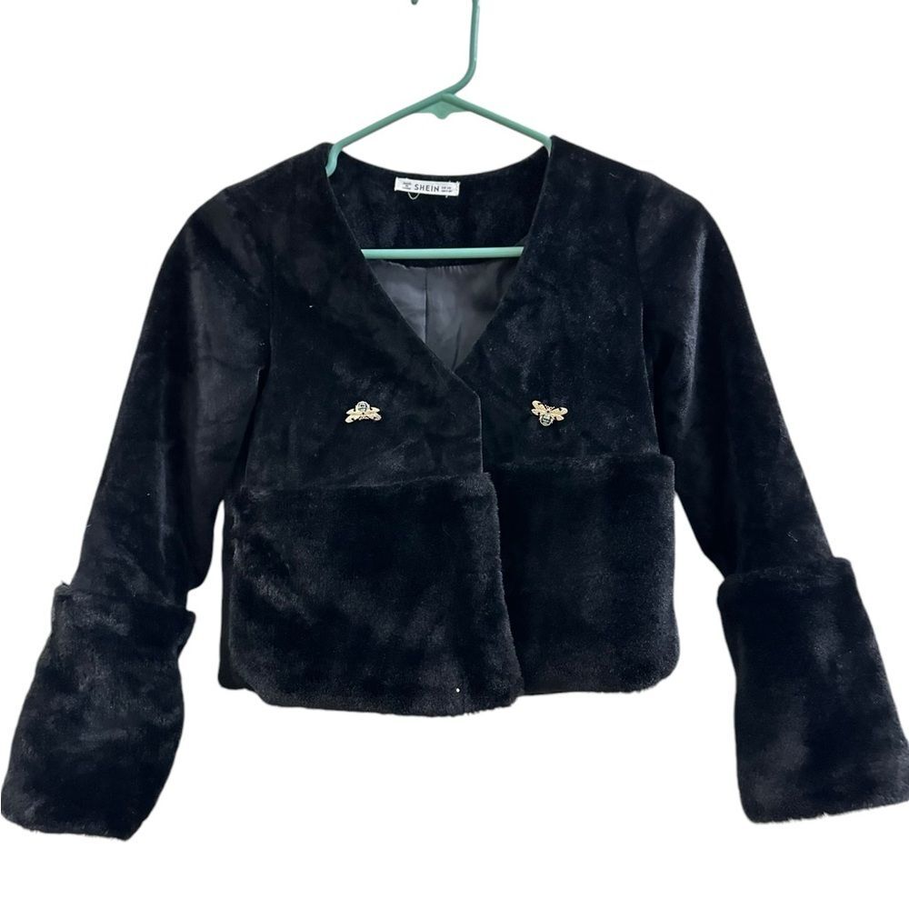 SHEIN Girls Black Fuzzy Posh Bees Brooch Jacket Sz 9-10